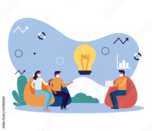 Woman and men with masks and light bulb vector design
