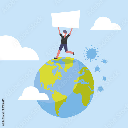 Man with medical mask banner board and world vector design