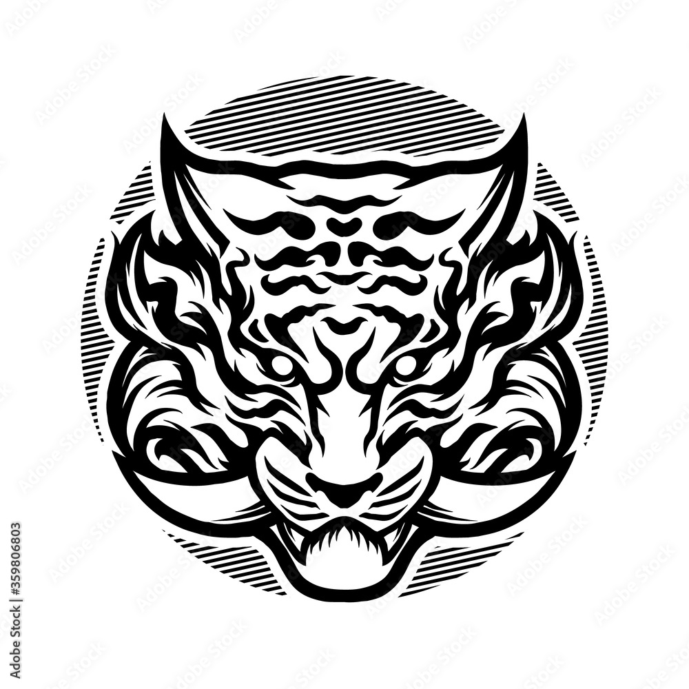 Fototapeta premium Vector illustration of Angry Tiger Head with a Fang, Claw on the White Background. Hand-drawn illustration for mascot sport logo badge label poster emblem patch t-shirt icon printing. Vector Logo