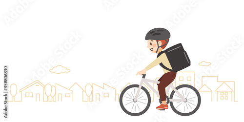 自転車に乗って料理を運ぶデリバリー配達員