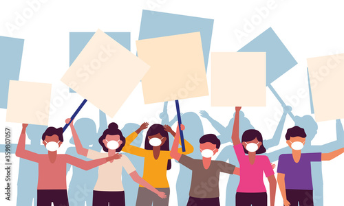 People with medical masks and banners boards vector design