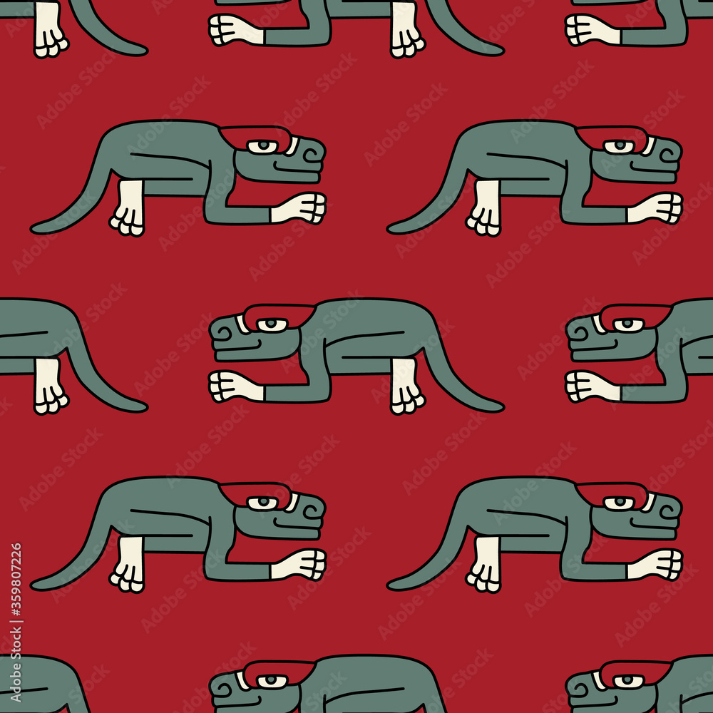 Seamless geometrical pattern with fantastic animals. Native American