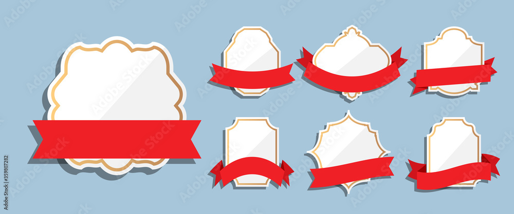 White labels gold frame with red ribbons retro vintage set. Different shape empty border for bestseller, sale price. Template for text banner. Elegance sticker. Isolated on blue vector illustration White labels gold frame with red ribbons retro vintage set. Different shape empty border for bestseller, sale price. Template for text banner. Elegance sticker. Isolated on blue vector illustration