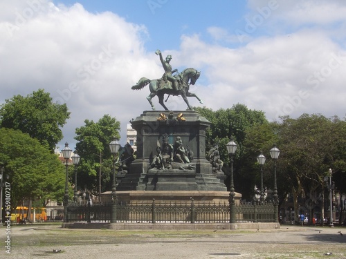 View of Equestrian Statue of Dom Pedro I in Praca Tiradentes, Rio de Janeiro, Brazil.