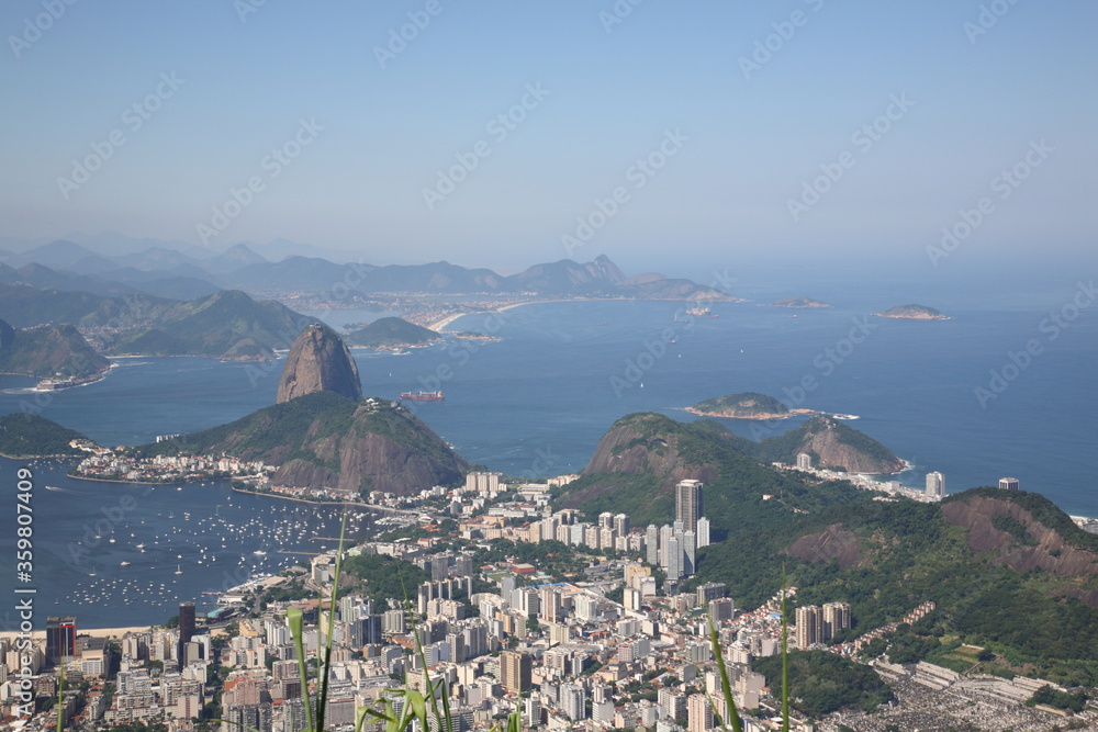 Aerial View of Sugar loaf Mountain and Botafogo Bay with coastline and cityscape in Rio de Janeiro, Brazil