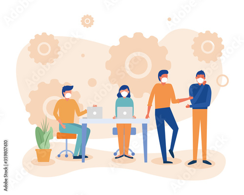 Woman and men with masks on desk vector design