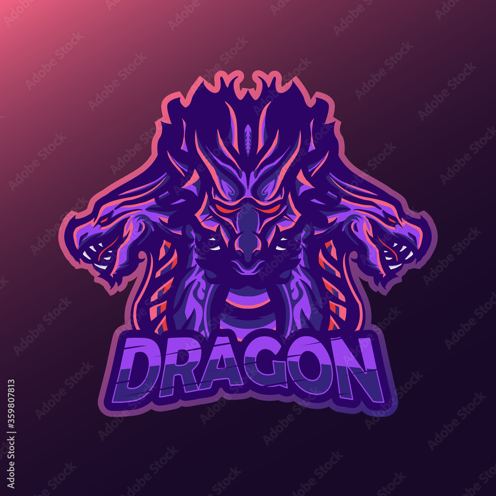 Purple Dragon mascot logo esports with three head