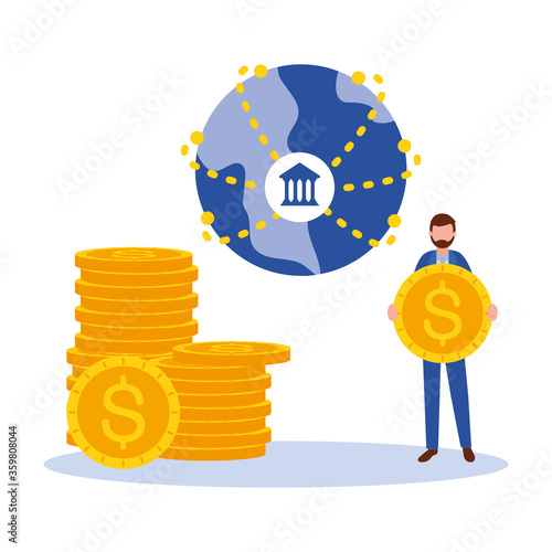 man avatar with coins and bank vector design