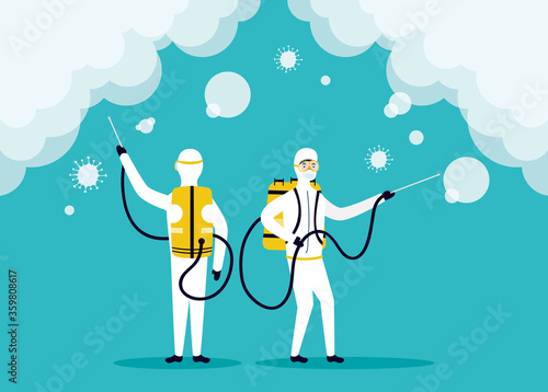 biosafety workers with sprayers disinfect