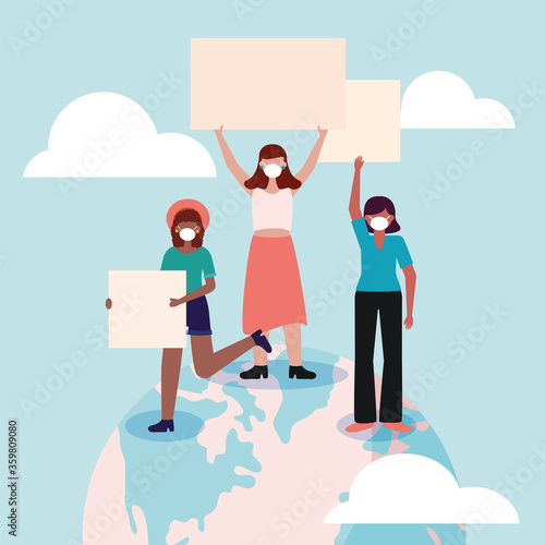 Women with medical masks and banners boards on world vector design
