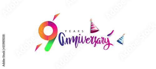 9th anniversary celebration logotype and anniversary calligraphy text colorful design, celebration birthday design on white background.