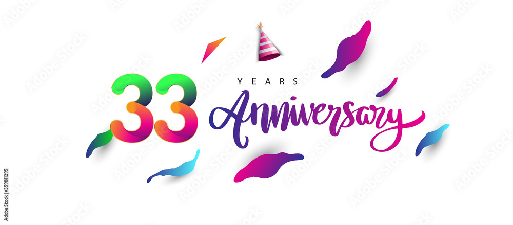 33rd anniversary celebration logotype and anniversary calligraphy text colorful design, celebration birthday design on white background.