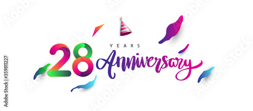 28th anniversary celebration logotype and anniversary calligraphy text colorful design, celebration birthday design on white background.