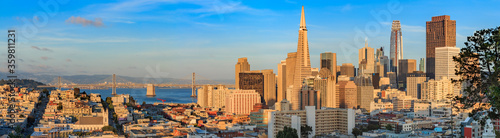 San Francisco skyline panorama at sunset with Bay Bridge and downtown skyline