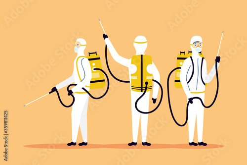 biosafety workers with sprayers disinfect