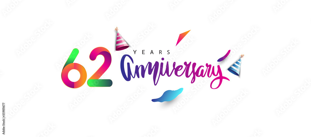 62nd anniversary celebration logotype and anniversary calligraphy text colorful design, celebration birthday design on white background.