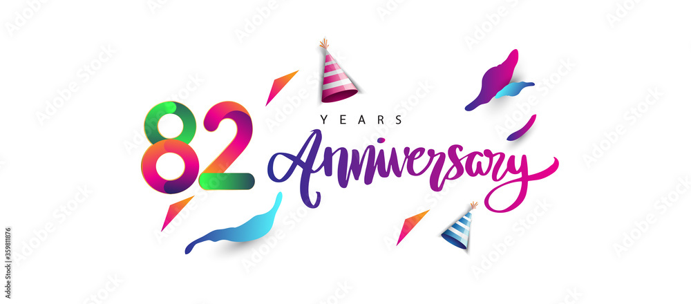 82nd anniversary celebration logotype and anniversary calligraphy text colorful design, celebration birthday design on white background.
