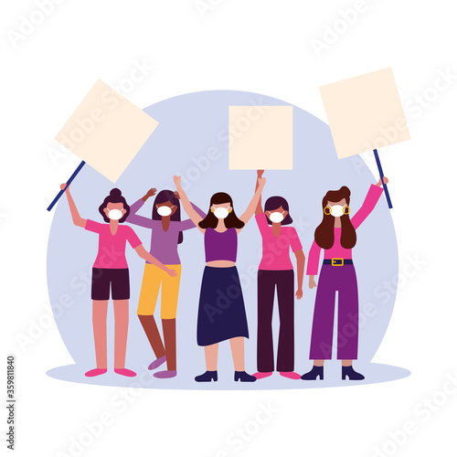 Women with medical masks and banners boards vector design