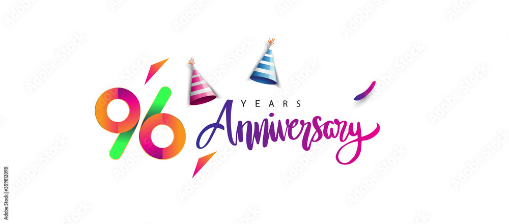 96th anniversary celebration logotype and anniversary calligraphy text colorful design, celebration birthday design on white background.