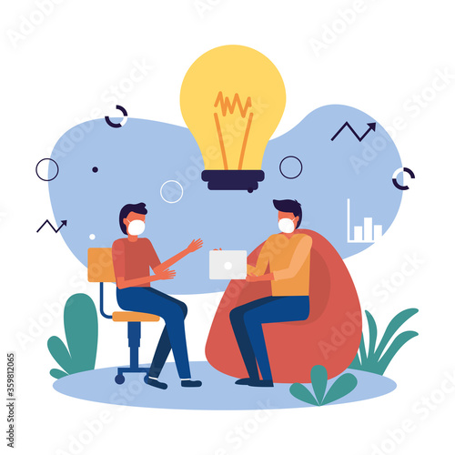 Men avatars on puf and chair with light bulb vector design