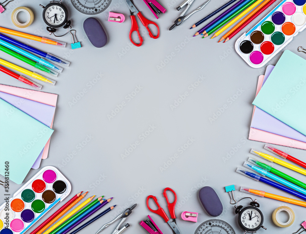 Back to School background with place for text. Collection of school supplies in a bright flat style. Educational concept. Copy space, mockup, template Back to School background with place for text. Collection of school supplies in a bright flat style. Educational concept. Copy space, mockup, template