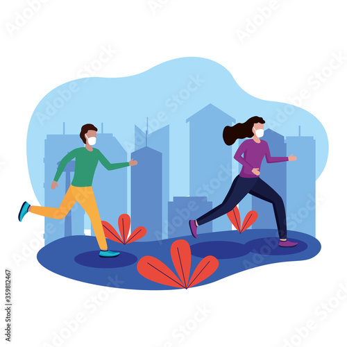 Woman and man with mask running at city vector design