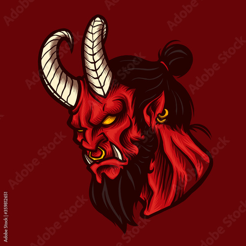 Vector illustration of Cool Red Devil Demon with Horn, Piercing, and Poison on the Red background. Hand-drawn illustration for mascot sport logo badge label sign poster t-shirt printing. Vector Logo