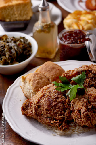 Fried Chicken with Southern Food Tablespread
