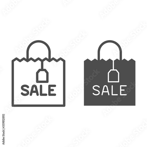 Shopping bag with tag and sale text line and solid icon, shopping concept, shopping bag sign on white background, Package icon in outline style for mobile concept and web design. Vector graphics.