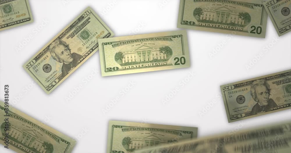 Falling $20 US dollar bills on a white background