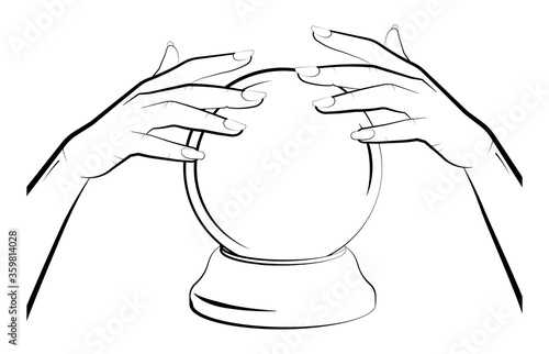 sorceress hands over a crystal ball. Prediction of the future, astrology. Isolated vector on white background