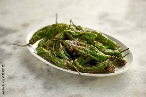 Shishito Peppers on Marble