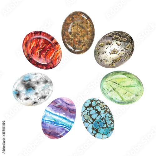 Watercolor Chakra Stone circle for Meditation. Hand drawn illustration of Chakra Healing Crystals