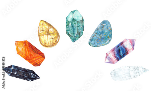 Chakra set Healing Crystals for reiki, meditation. Watercolor 7 Chakras stones Chart. Hand drawn gems isolated on white background. Buddhism symbol © Alena