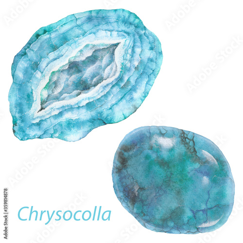 Chrysocolla watercolor gems. Throat chakra stones and healing crystals. Hand drawn illustration of blue gemstones isolated on white background