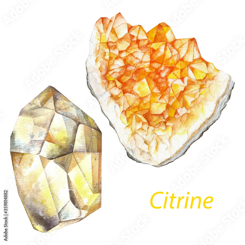 Citrine watercolor gems. Solar plexus chakra stones and healing crystals. Hand drawn illustration of gemstones isolated on white background
