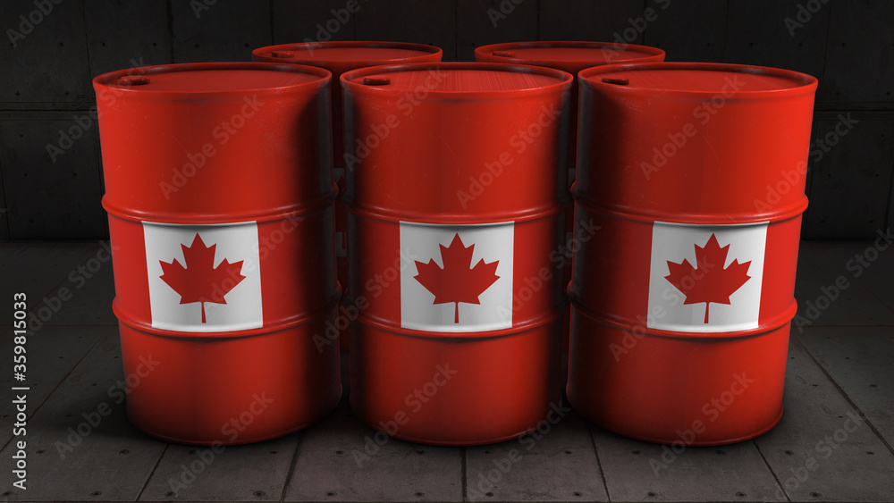 Canada crude oil barrels petroleum production Canadian international commodity trade - 3D illustration render Canada crude oil barrels petroleum production Canadian international commodity trade - 3D illustration render