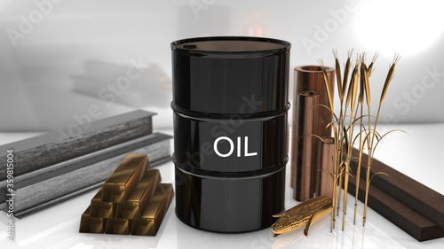 Global international commodity trade in oil, gold, silver, copper, corn and wheat on the commodities market - 3D illustration render