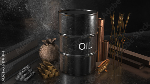 Global international commodity trade in oil, gold, silver, copper, corn and wheat on the commodities market - 3D illustration render