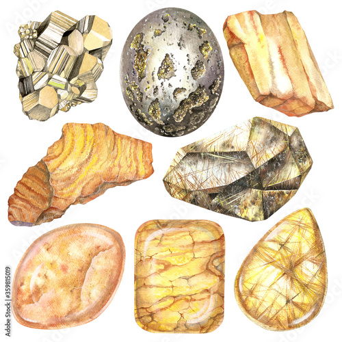 Solar plexus chakra stones set. Close up illustration of gems drawn by hand with watercolor. Healing crystals Pyrite, Jasper, Jade, Rutilated Quartz