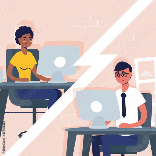 interracial couple using desktops in virtual conference communication