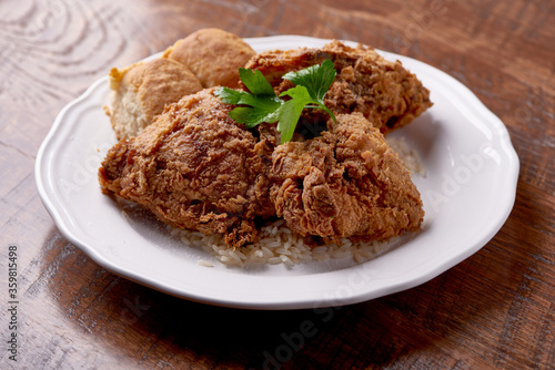 Fried Chicken with Rice and Dinner Roll