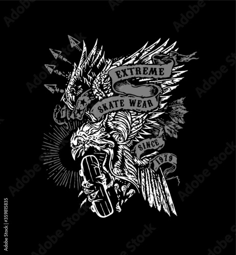 Vector illustration of eagle in a rustic style holding a skateboard.