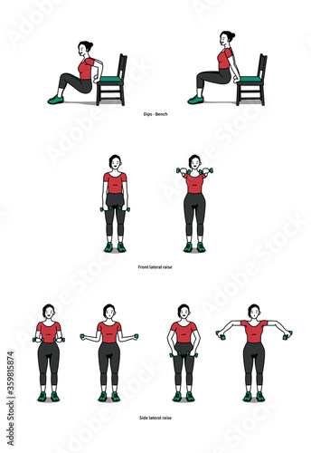 Women's exercise guide for Dips Bench, Front lateral raise, and Side lateral raise with home training for shoulder and arm exercises. Vector illustration, line art