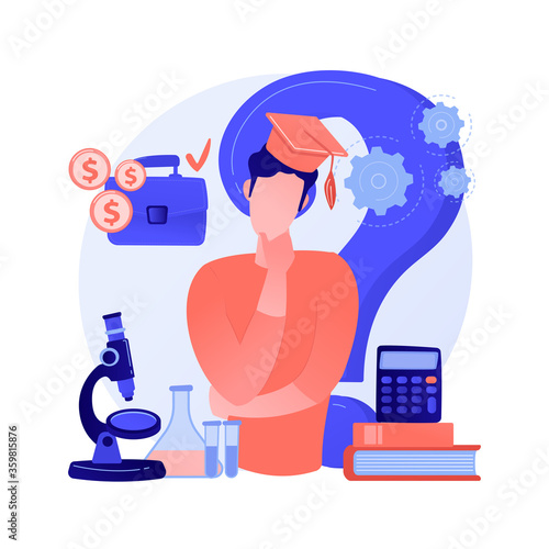 Graduate choosing college. Profession choice, decision making, future planning. Multiple career opportunities in business, science and art. Vector isolated concept metaphor illustration