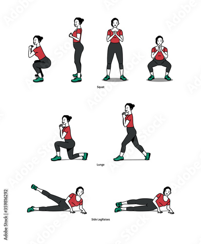 An exercise guide for women who do squats, lunge, and side-leg-raises with home training for thigh workouts. Vector Illustration, Line Art
