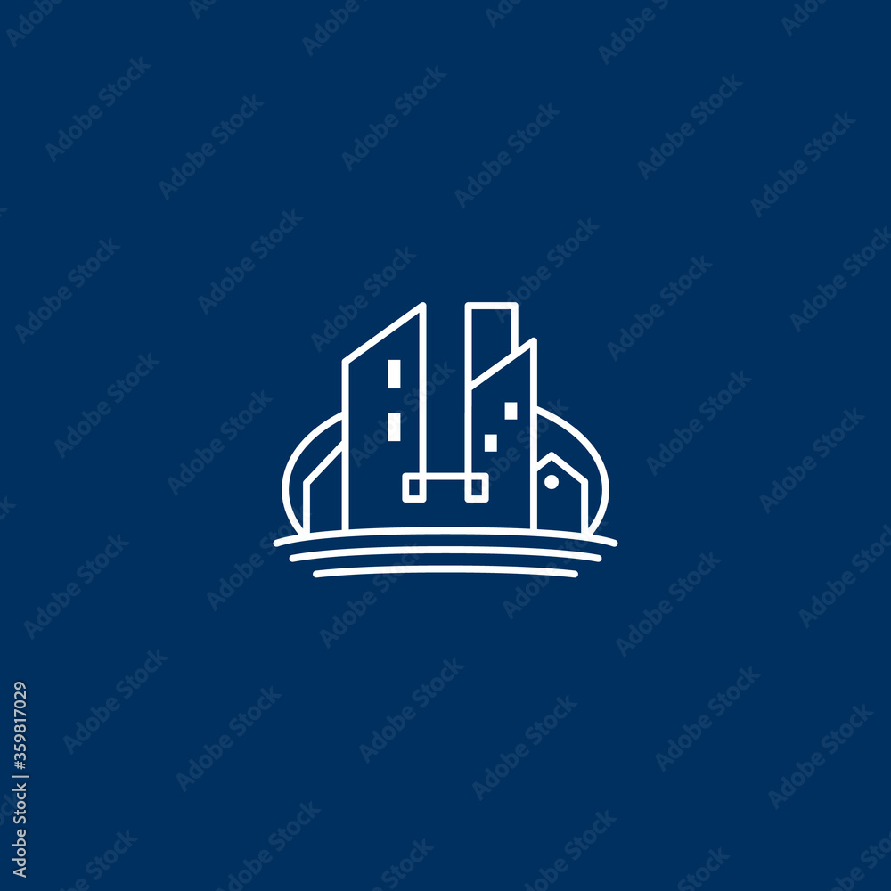 Urban City Real Estate Skyscraper logo icon symbol badge in monoline line art style