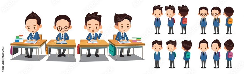 Student vector character turn. Male students in school uniforms studying at school desk.