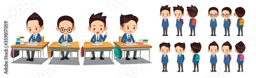 Student vector character turn. Male students in school uniforms studying at school desk.