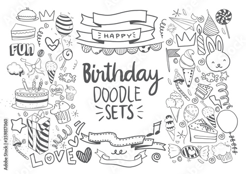 Happy Birthday background. Hand-drawn Birthday sets, party blowouts, party hats, gift boxes and bows, garlands and balloons and firework, candles on birthday pie.